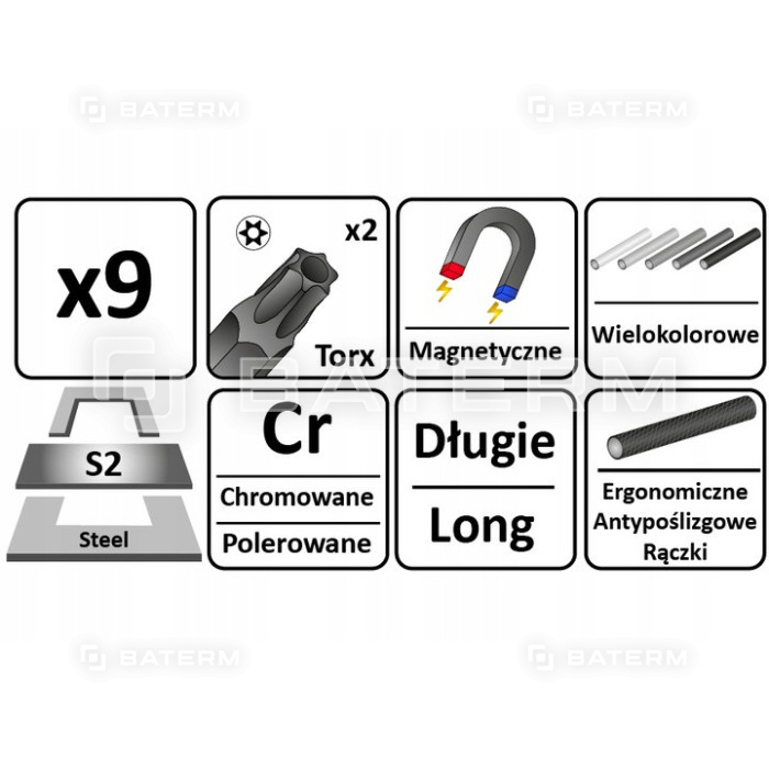 Klucze Imbusowe TORX Magnetyczne z Otworem 9 szt