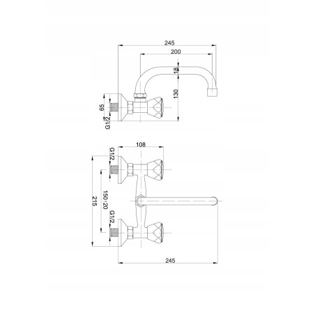 Bateria Umywalkowa Ścienna Standard HYDROLAND chrom dwuuchwytowa pokrętła