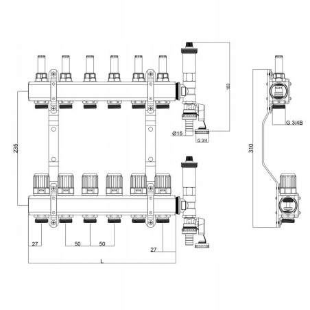 Rozdzielacz 7 sekcji do podłogówki ogrzewania PEX
