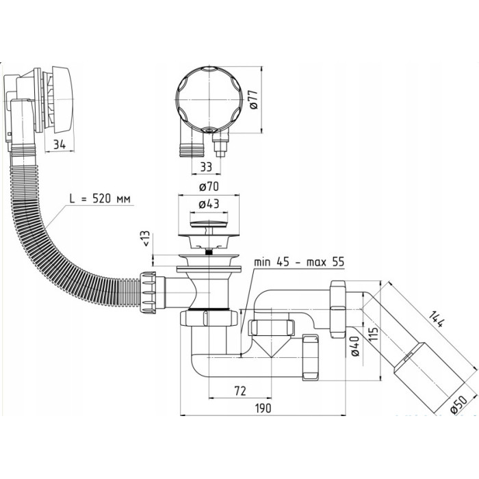 SYFON WANNOWY RIVER FI50, KOREK AUTOMATYCZNY