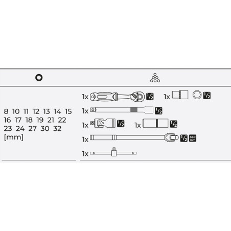 STALCO ZESTAW KLUCZY NASADOWYCH Z GRZECHOTKĄ 1/2” 25 ELEMENTÓW
