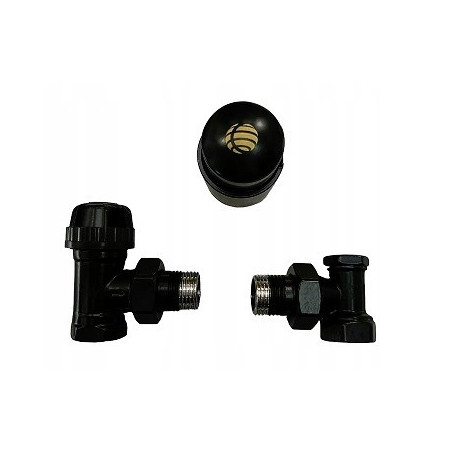 Zestaw termostatyczny grzejnikowy kątowy 1/2” czarny zawór +głowica +powrót