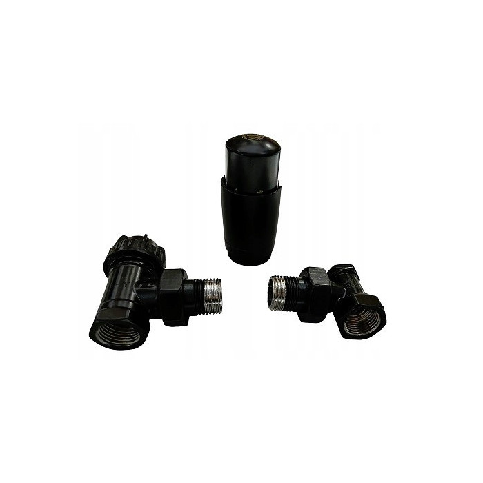 Zestaw termostatyczny grzejnikowy kątowy 1/2” czarny zawór +głowica +powrót