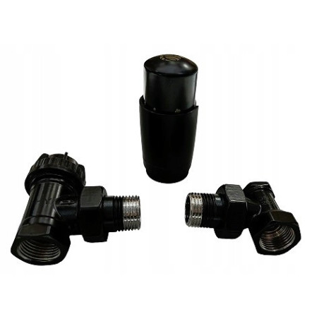 Zestaw termostatyczny grzejnikowy kątowy 1/2” czarny zawór +głowica +powrót