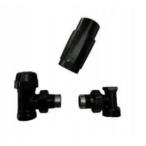 Zestaw termostatyczny grzejnikowy kątowy 1/2” czarny zawór +głowica +powrót