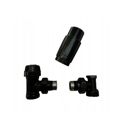 Zestaw termostatyczny grzejnikowy kątowy 1/2” czarny zawór +głowica +powrót