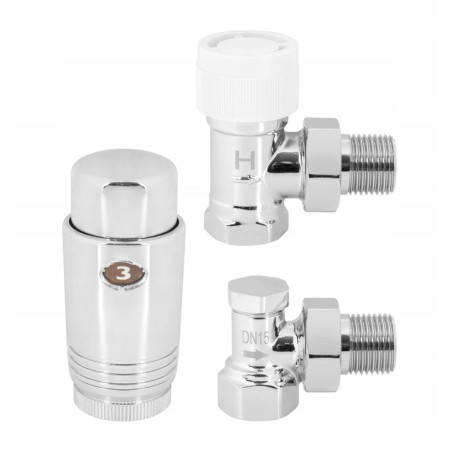Zestaw termostatyczny grzejnikowy kątowy 1/2” chrom zawór +głowica +powrót