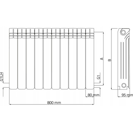 Grzejnik aluminiowy Diamond 1121 W biały 800 x 450 x 95 mm - boczne