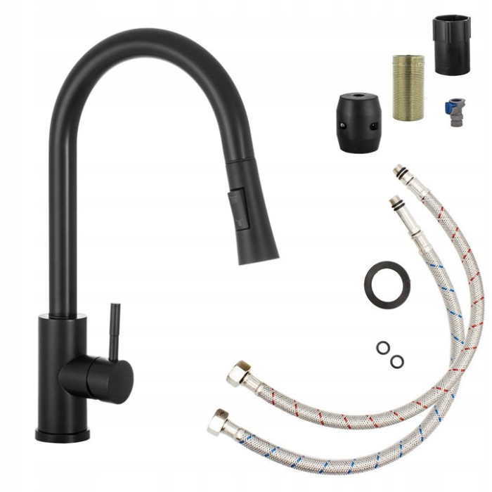 BATERIA KUCHENNA CZARNA ZLEWOZMYWAKOWA Z WYCIĄGANA WYLEWKA KRAN SLIM