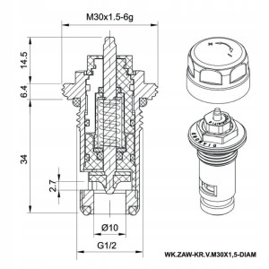 WKŁADKA ZAWOROWA TERMOSTATYCZNA GRZEJNIKA STALOWEGO TYPU V M30X1,5 KRÓTKA