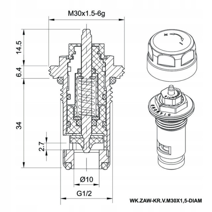 WKŁADKA ZAWOROWA TERMOSTATYCZNA GRZEJNIKA STALOWEGO TYPU V M30X1,5 KRÓTKA