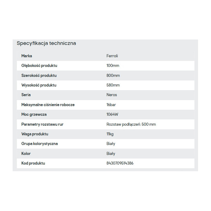 Grzejnik Ferroli aluminiowy 1064 W biały 800 x 580x100 mm boczne zasilanie