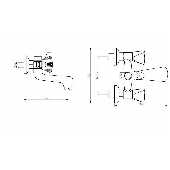 Bateria wannowo-prysznicowa dwuuchwytowa ścienna Diamond Exclusive chrom