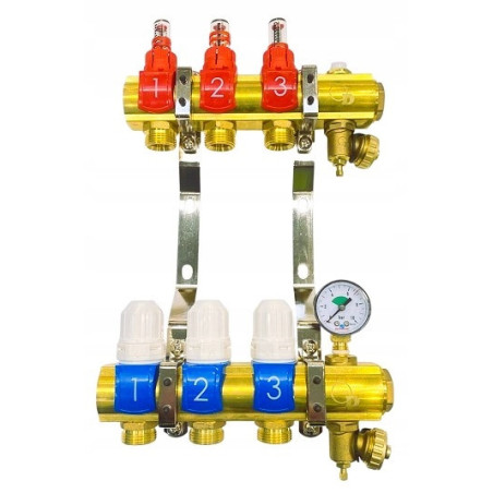Rozdzielacz 3 sekcji do podłogówki ogrzewania podłogowego manual manometr