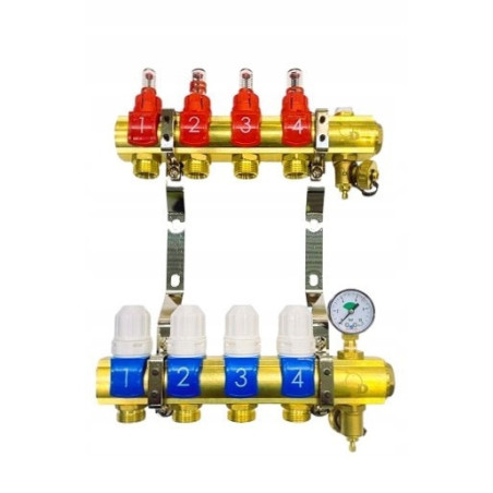 Rozdzielacz 4 sekcji do podłogówki ogrzewania podłogowego manual manometr