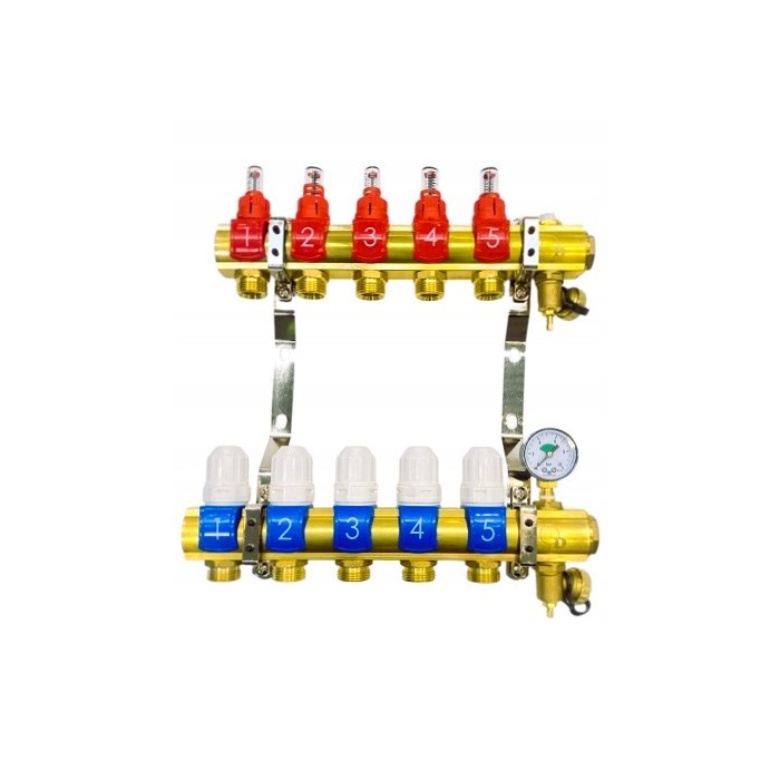 Rozdzielacz 5 sekcji do podłogówki ogrzewania podłogowego manual manometr
