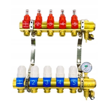 Rozdzielacz 5 sekcji do podłogówki ogrzewania podłogowego manual manometr