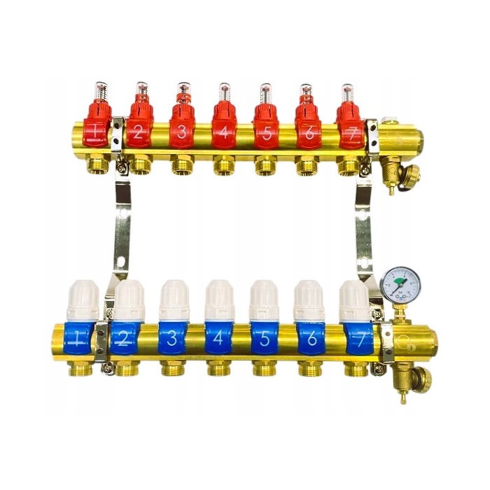 Rozdzielacz 7 sekcji do podłogówki ogrzewania podłogowego manual manometr