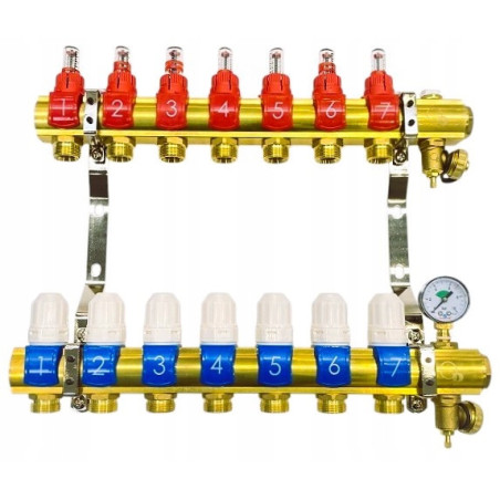 Rozdzielacz 7 sekcji do podłogówki ogrzewania podłogowego manual manometr