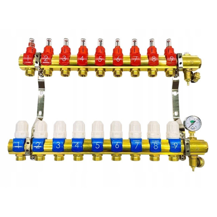 Rozdzielacz 9 sekcji do podłogówki ogrzewania podłogowego manual manometr