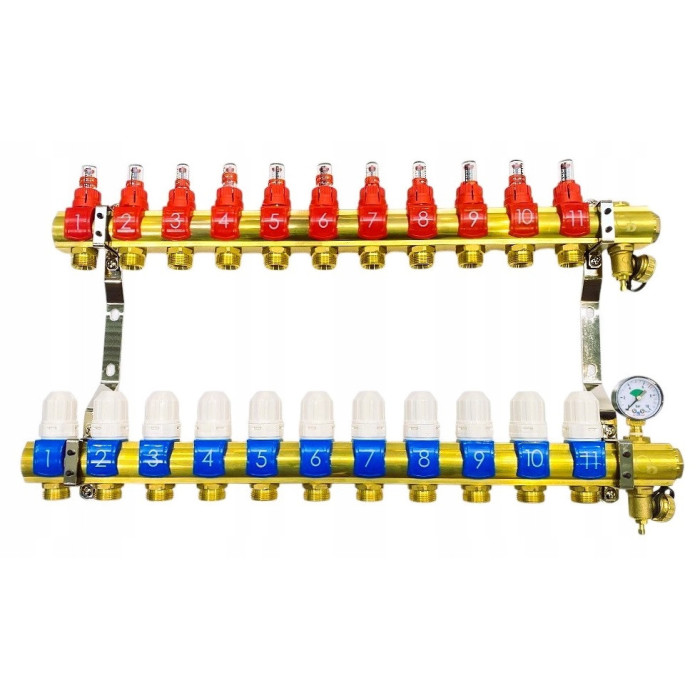 Rozdzielacz 11 sekcji do podłogówki ogrzewania podłogowego manual manometr