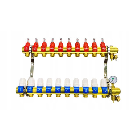 Rozdzielacz 10 sekcji do podłogówki ogrzewania podłogowego manual manometr