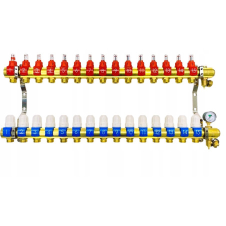 Rozdzielacz 15 sekcji do podłogówki ogrzewania podłogowego manual manometr