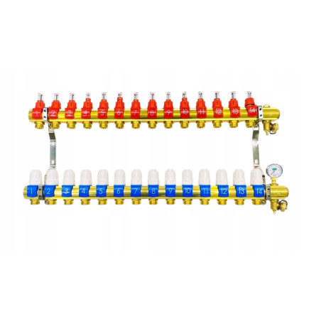 Rozdzielacz 14 sekcji do podłogówki ogrzewania podłogowego manual manometr