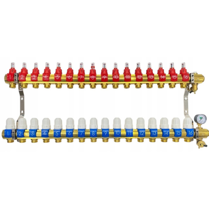 Rozdzielacz 16 sekcji do podłogówki ogrzewania podłogowego manual manometr