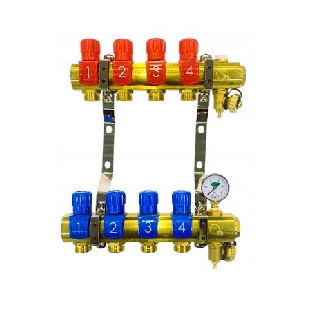 Rozdzielacz 4 sekcje do grzejników c.o. z manometrem