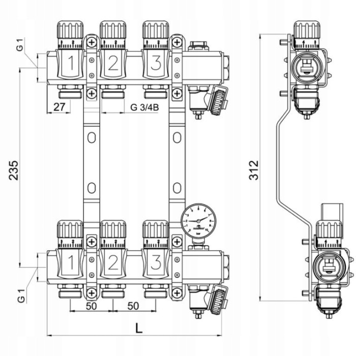 Rozdzielacz 13 sekcji do grzejników c.o. z manometrem