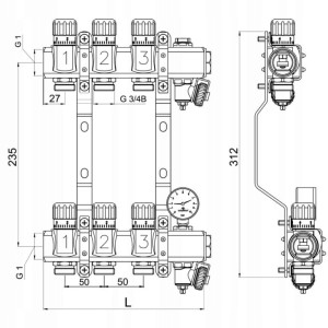 Rozdzielacz 14 sekcji do grzejników c.o. z manometrem