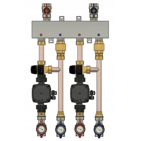 GRUPA POMPOWA SPRZĘGŁO ROZDZIELACZ 2STREFOWA 2xOBIEG OGRZEWANIA PODŁOGOWEGO