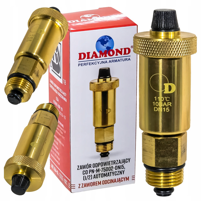 ODPOWIETRZNIK AUTOMATYCZNY Z ZAWOREM ODCINAJĄCYM FI 1/2 " PIONOWY MOSIĘŻNY