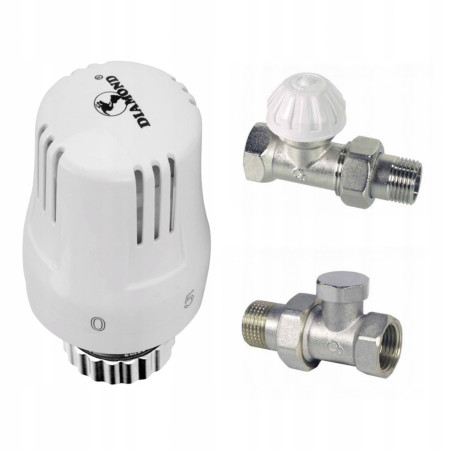 ZESTAW TERMOSTATYCZNY PROSTY ZAWÓR ZASILAJĄCY POWROTNY GŁOWICA DO GRZEJNIKA