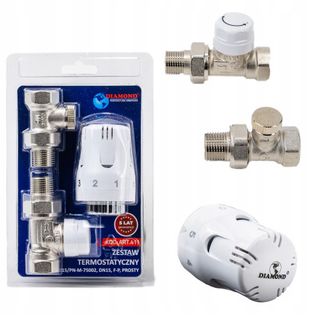 ZESTAW TERMOSTATYCZNY PROSTY ZAWÓR ZASILAJĄCY POWROTNY GŁOWICA DO GRZEJNIKA