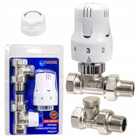 ZESTAW TERMOSTATYCZNY PROSTY ZAWÓR ZASILAJĄCY POWROTNY GŁOWICA DO GRZEJNIKA