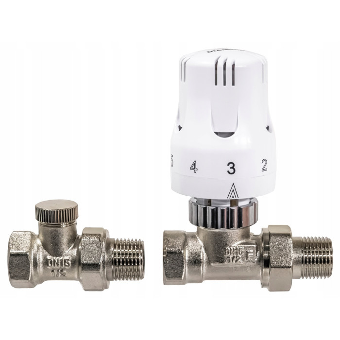 ZESTAW TERMOSTATYCZNY PROSTY ZAWÓR ZASILAJĄCY POWROTNY GŁOWICA DO GRZEJNIKA