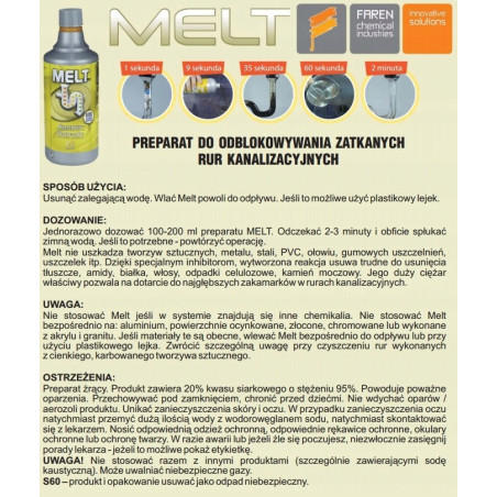 MELT ŚRODEK PREPARAT DO UDRAŻNIANIA RUR SYFONÓW KANALIZACYJNYCH MOCNY 750ML