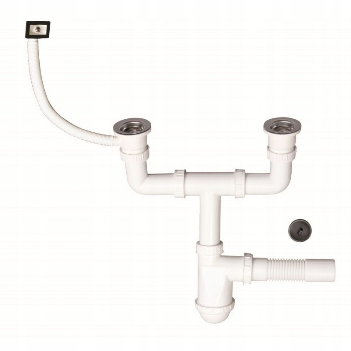 Syfon zlewozmywakowy 50 mm ZLEW PODWÓJNY Z PRZELEWEM METALOWE SITKO