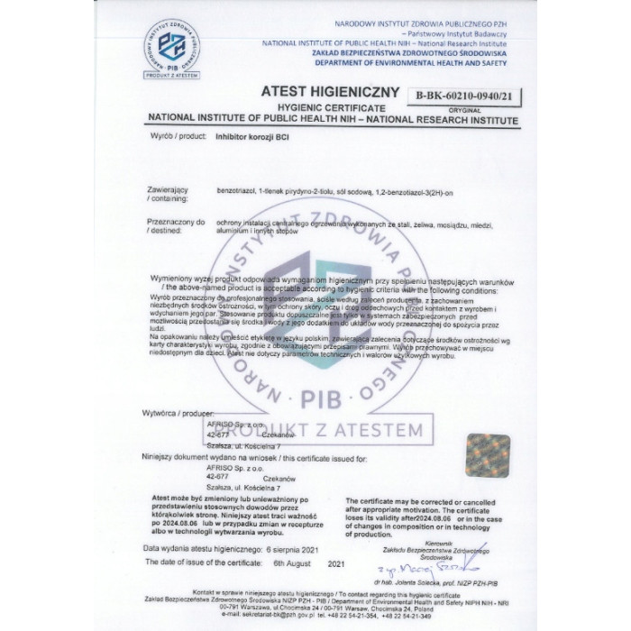 INHIBITOR KOROZJI OSADÓW DO OCHRONY INSTALACJI C.O KONCENTRAT BCI AFRISO