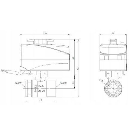 2-DROGOWY ZAWÓR KULOWY Z SIŁOWNIKIEM BEV DN25 1" 230 V AC NC AFRISO
