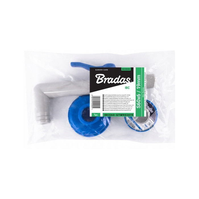 Kran IBC 45° z przyłączem IBCS60x6 na wąż 25 mm z taśmą PTFE Mauzer bradas