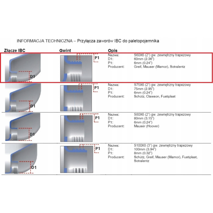 Kran IBC 45° z przyłączem IBCS60x6 na wąż 32 mm z taśmą PTFE Mauzer bradas