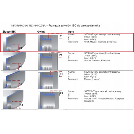 Kran IBC 45° z przyłączem IBCS60x6 na wąż 32 mm z taśmą PTFE Mauzer bradas
