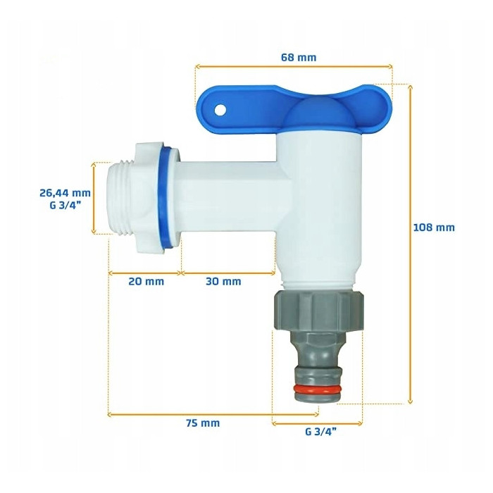 Kran IBC z wejściem GZ 3/4", wyjście GZ 3/4" + nypel - biały Mauzer bradas
