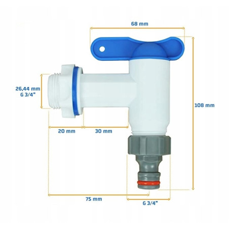 Kran IBC z wejściem GZ 3/4", wyjście GZ 3/4" + nypel - biały Mauzer bradas