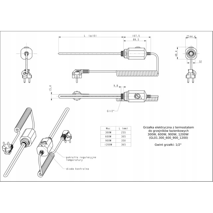 Grzałka elektryczna do grzejnika łazienkowego 900W CZARNA VOLUX