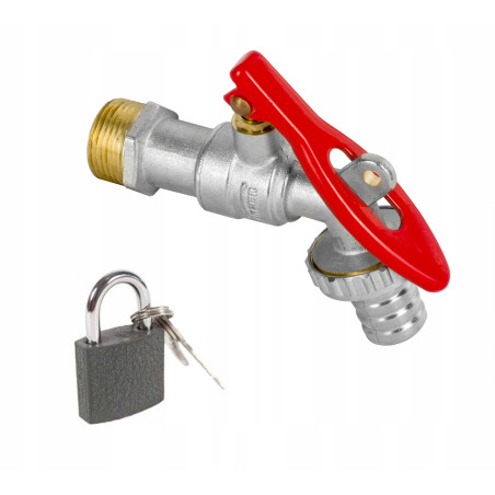 Zawór czerpalny z dławikiem i złączką węża na kłódkę + kłódka 1/2