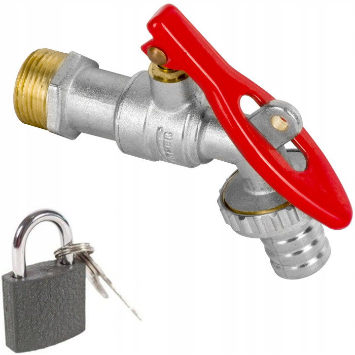 Zawór czerpalny z dławikiem i złączką węża na kłódkę + kłódka 3/4